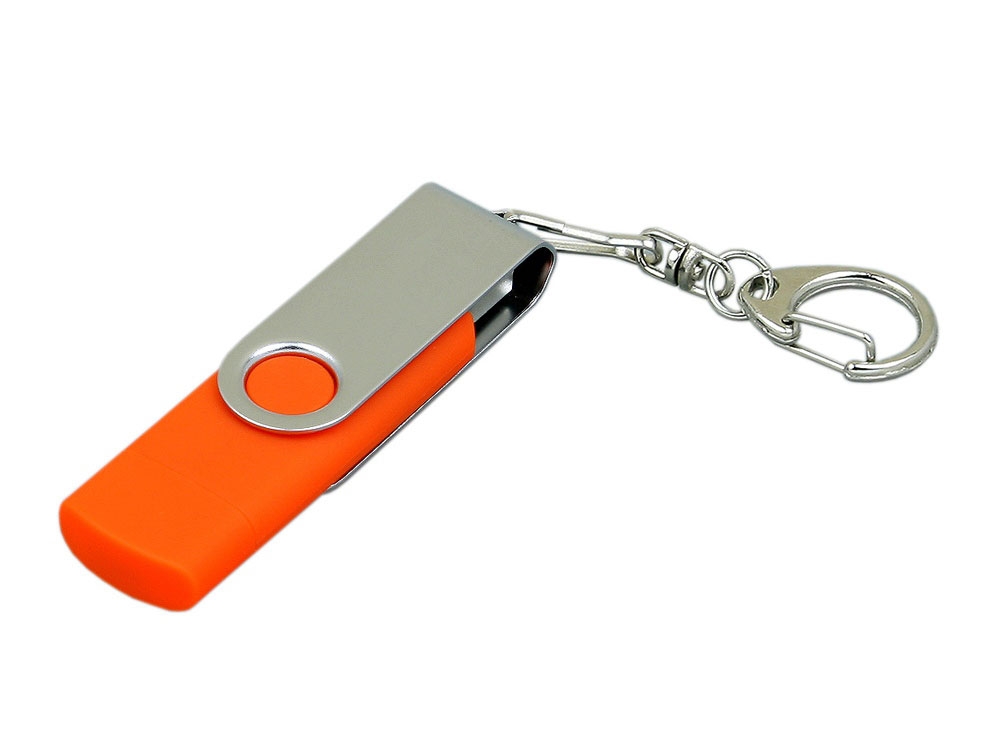 USB 2.0- флешка на 64 Гб с поворотным механизмом и дополнительным разъемом Micro USB, оранжевый, серебристый, пластик, металл