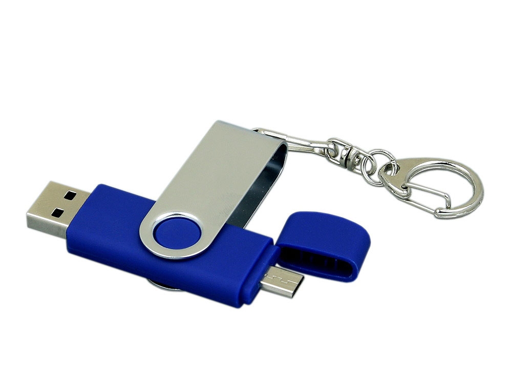 USB 2.0- флешка на 64 Гб с поворотным механизмом и дополнительным разъемом Micro USB, серебристый, пластик, металл