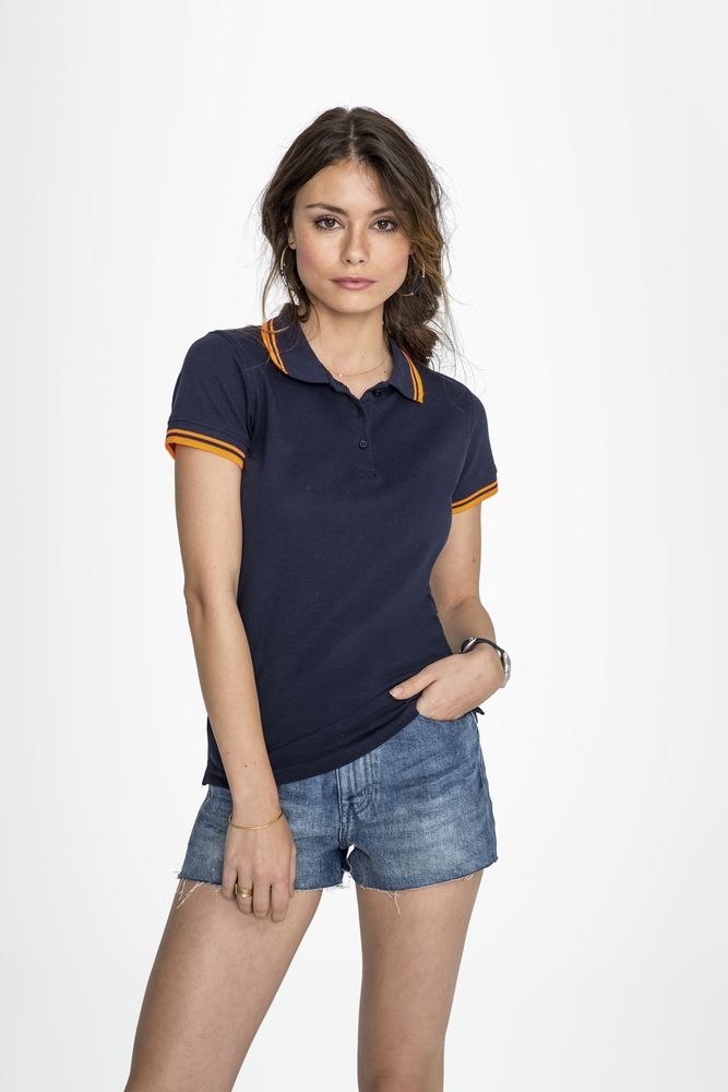 Рубашка поло женская Pasadena Women 200 с контрастной отделкой, серый меланж c оранжевым, серый, оранжевый, хлопок 85%; вискоза, 15%; плотность 200 г/м²; пике