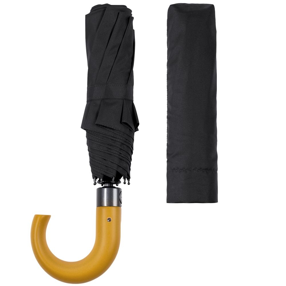 Зонт складной Classic, черный, черный, купол - эпонж, 190t; ручка - дерево; спицы - стеклопластик