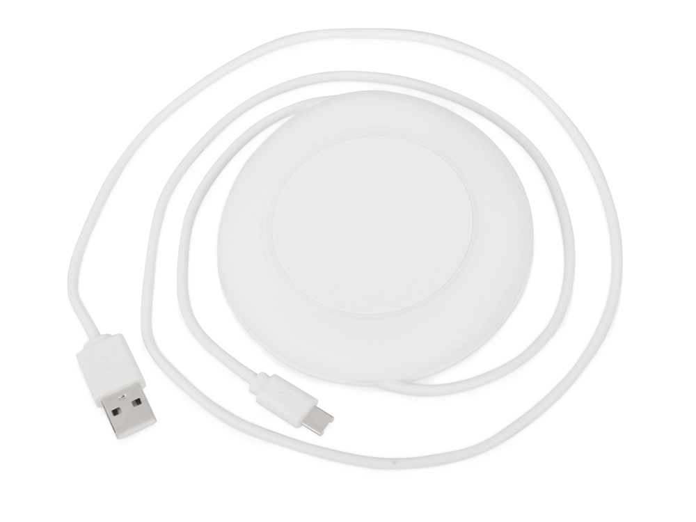 Беспроводное зарядное устройство «Disc» со встроенным кабелем 2 в 1, белый, пластик