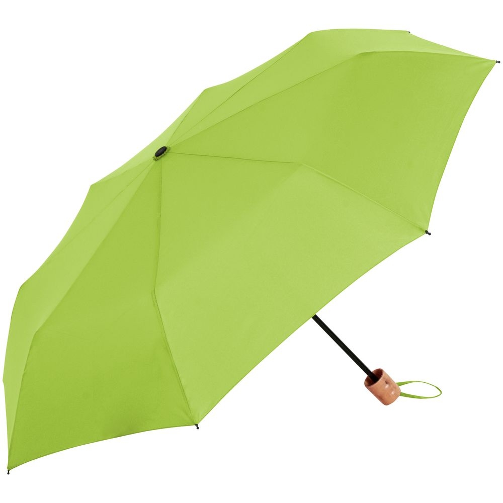 Зонт складной OkoBrella, зеленое яблоко, зеленый, купол - эпонж, из переработанного пластика; ручка - дерево; каркас - сталь