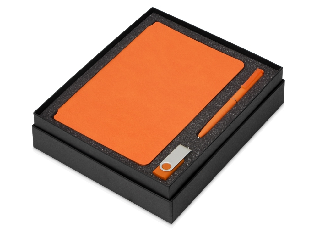 Подарочный набор «Notepeno» с блокнотом А5, флешкой и ручкой, оранжевый, кожзам, soft touch