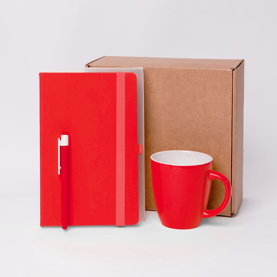 Подарочный набор JOY: блокнот, ручка, кружка, коробка, стружка; красный, красный, несколько материалов