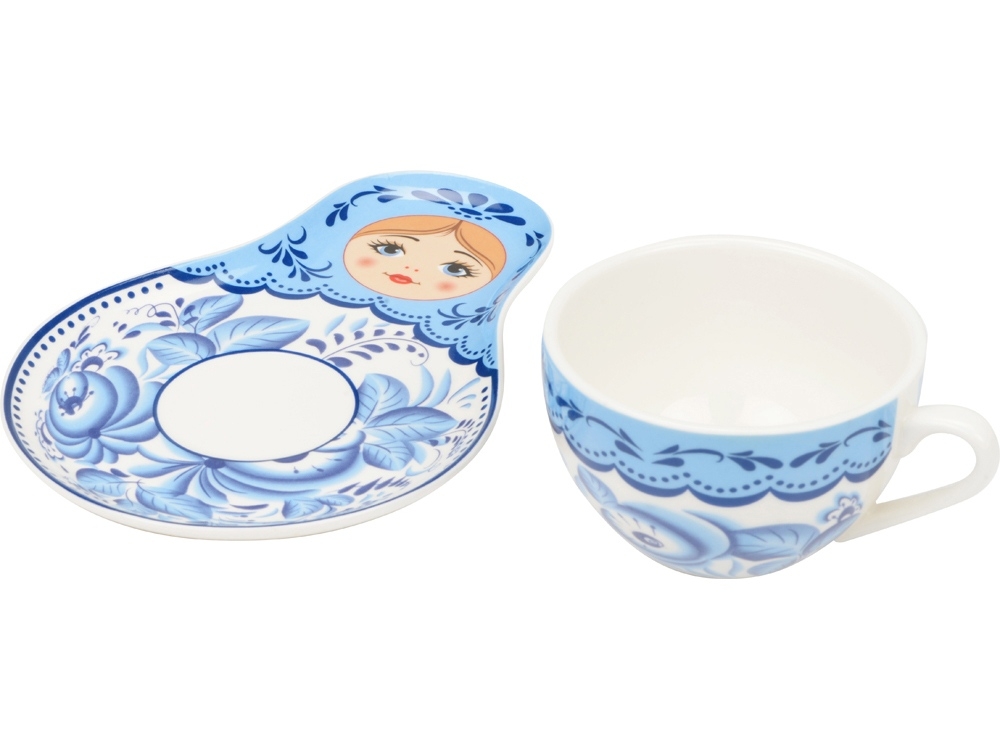 Подарочный набор: чайная пара, чай Малина с мятой, коричневый, голубой, дерево, керамика