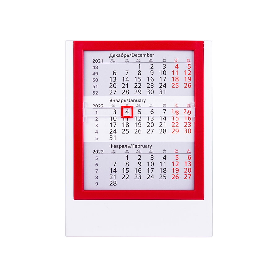 Календарь настольный на 2 года; белый с красным; 12,5х16 см; пластик; шелкография, тампопечать, красный, белый, пластик
