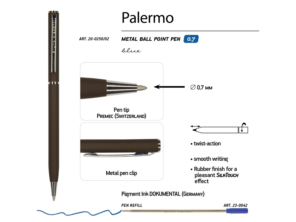 Ручка металлическая шариковая «Palermo», софт-тач, коричневый, серебристый, soft touch