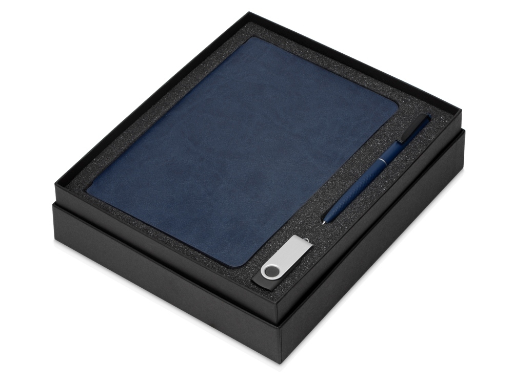 Подарочный набор «Notepeno» с блокнотом А5, флешкой и ручкой, синий, черный, кожзам, soft touch