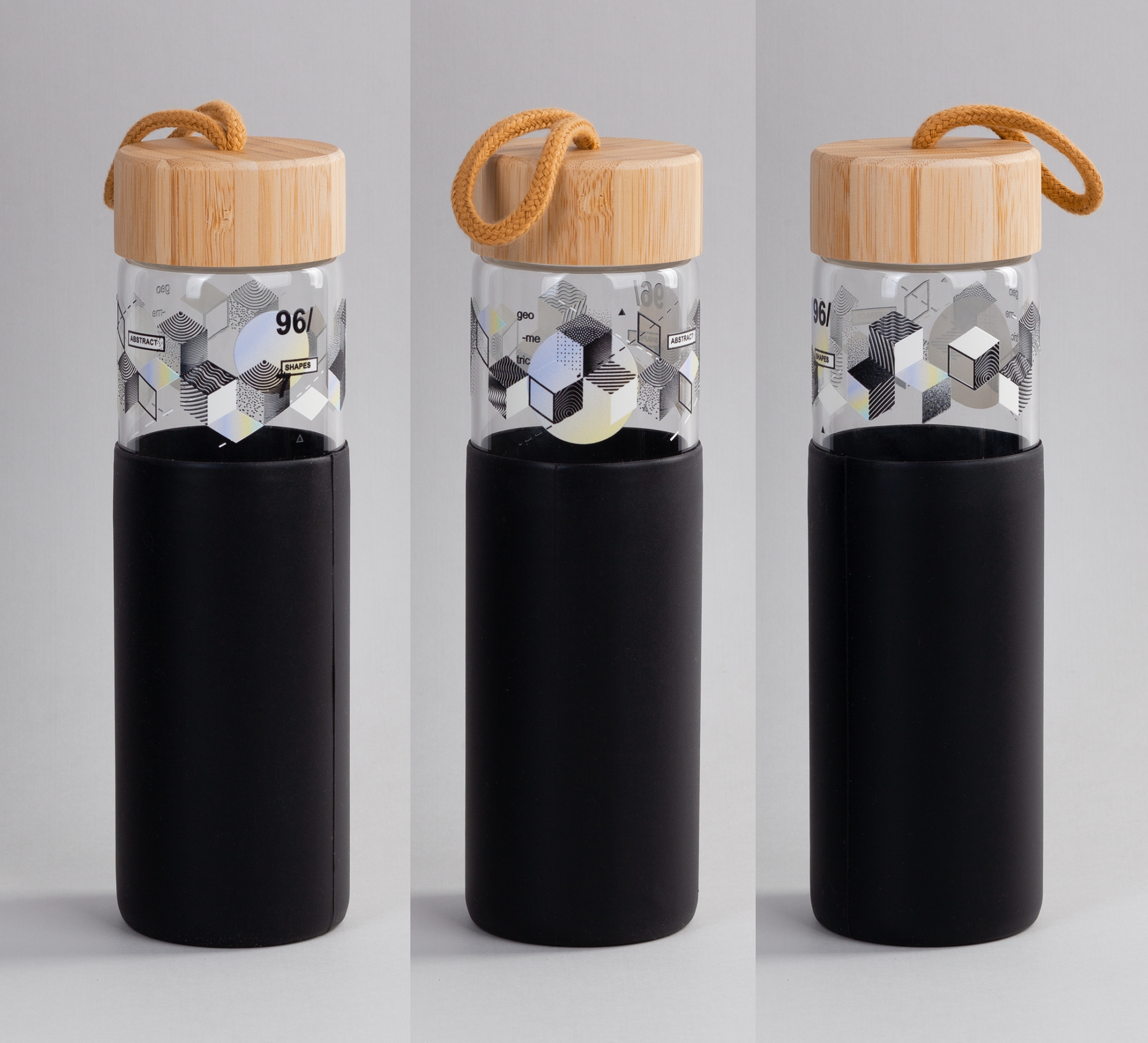 Бутылка для воды "Wellness" 600 мл в силиконовом чехле, черный, боросиликатное стекло/бамбук/силикон