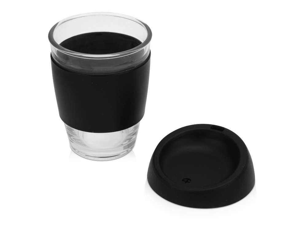 Стеклянный стакан с силиконовой крышкой и манжетой «Monday», черный, прозрачный, стекло, силикон