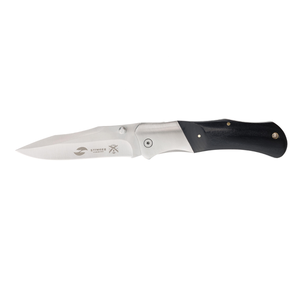 Нож складной Stinger, 100 мм, (серебристый), материал рукояти: сталь/дерево (серебристо-чёрный), черный
