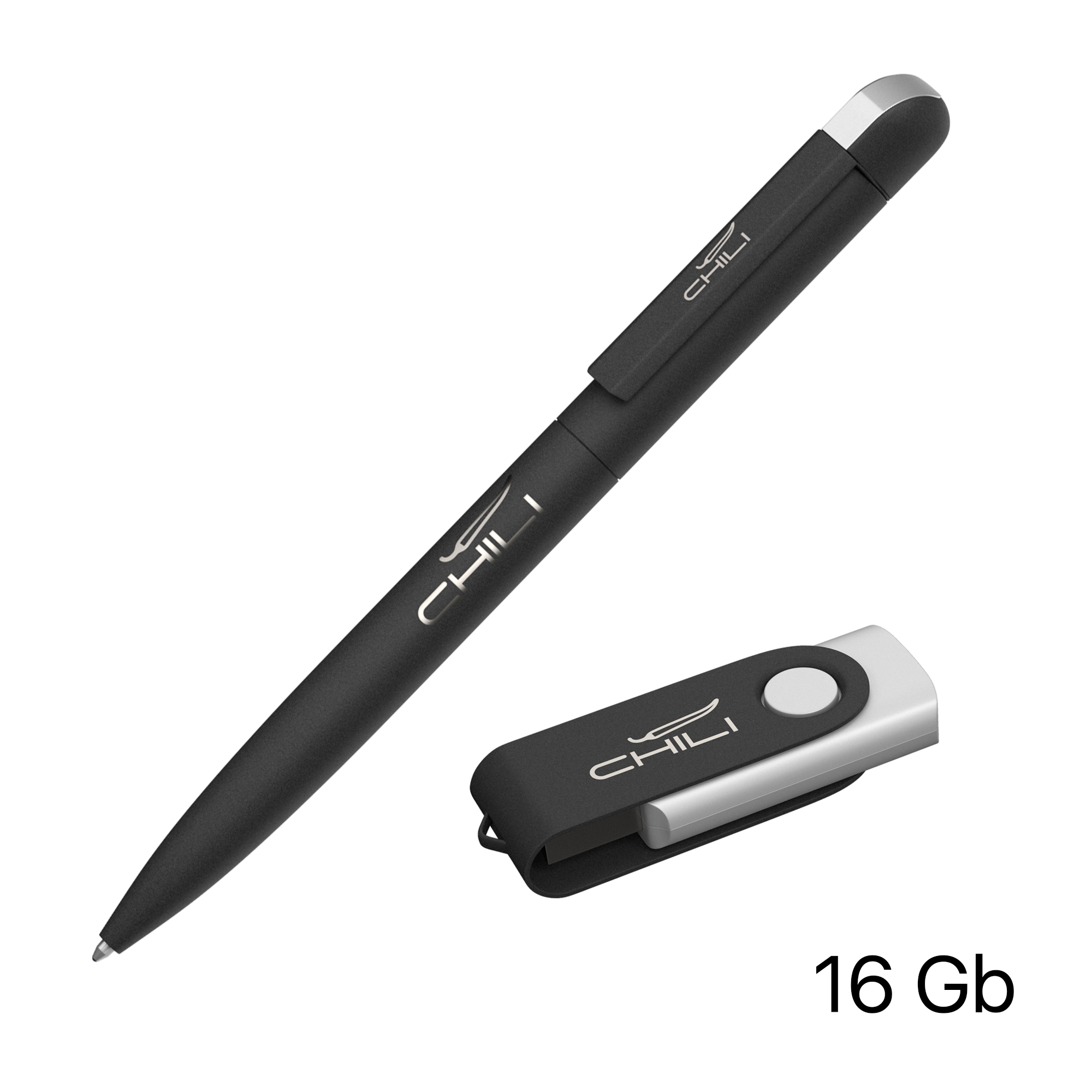 Набор ручка + флеш-карта 16 Гб в футляре,  покрытие softgrip, черный, металл/soft grip