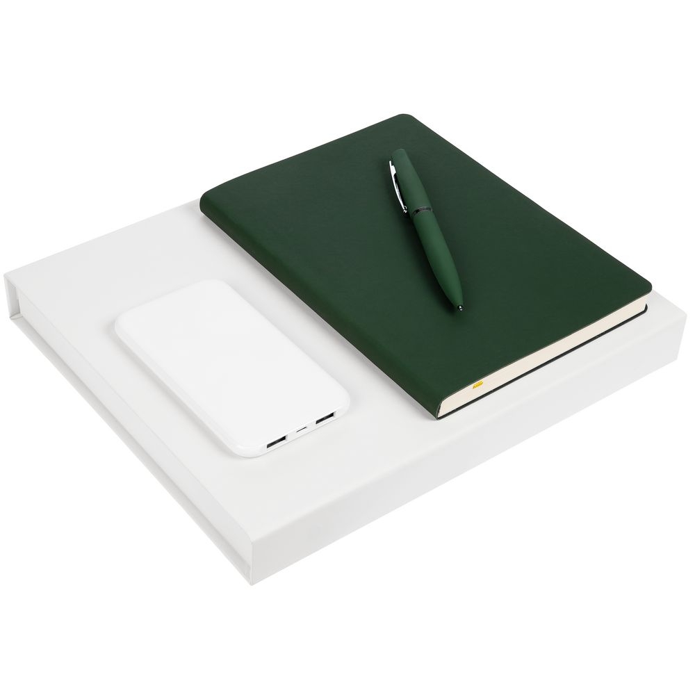 Набор Flex Shall Recharge, зеленый, зеленый, пластик; коробка - переплетный картон, ежедневник - искусственная кожа; ручка - пластик, покрытие софт-тач , покрытие соф-тач; внешний аккумулятор - покрытие софт-тач