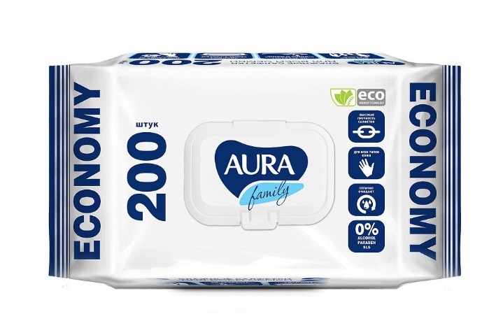 "AURA" Влажные салфетки для всей семьи с антибактериальным эффектом в ассортименте Family с крышкой