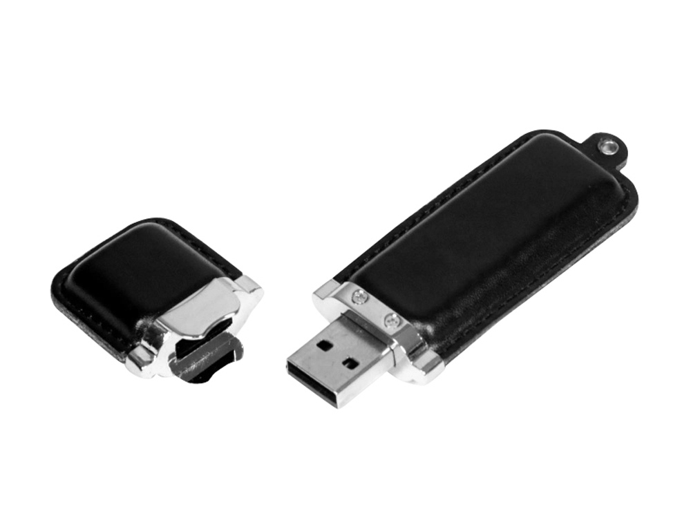 USB 2.0- флешка на 16 Гб классической прямоугольной формы, черный, серебристый, кожа