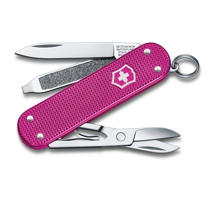 Нож-брелок VICTORINOX Classic SD Alox Colors "Flamingo Party", 58 мм, 5 функций, лиловый, розовый, рифлёный алюминий alox