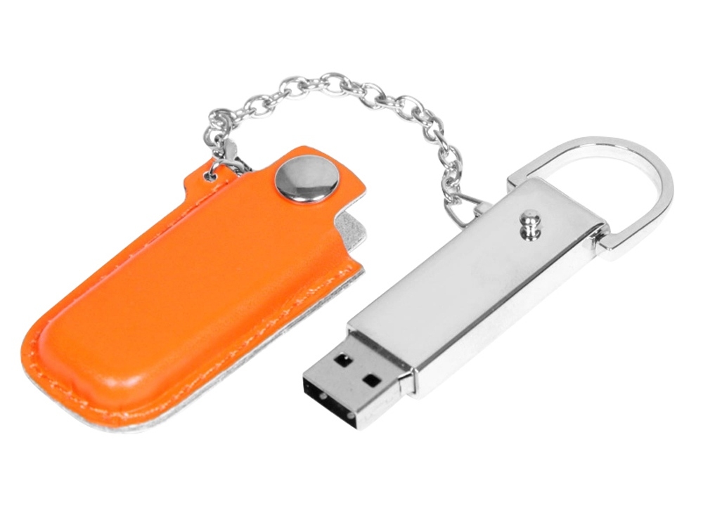 USB 2.0- флешка на 32 Гб в массивном корпусе с кожаным чехлом, оранжевый, серебристый, кожа