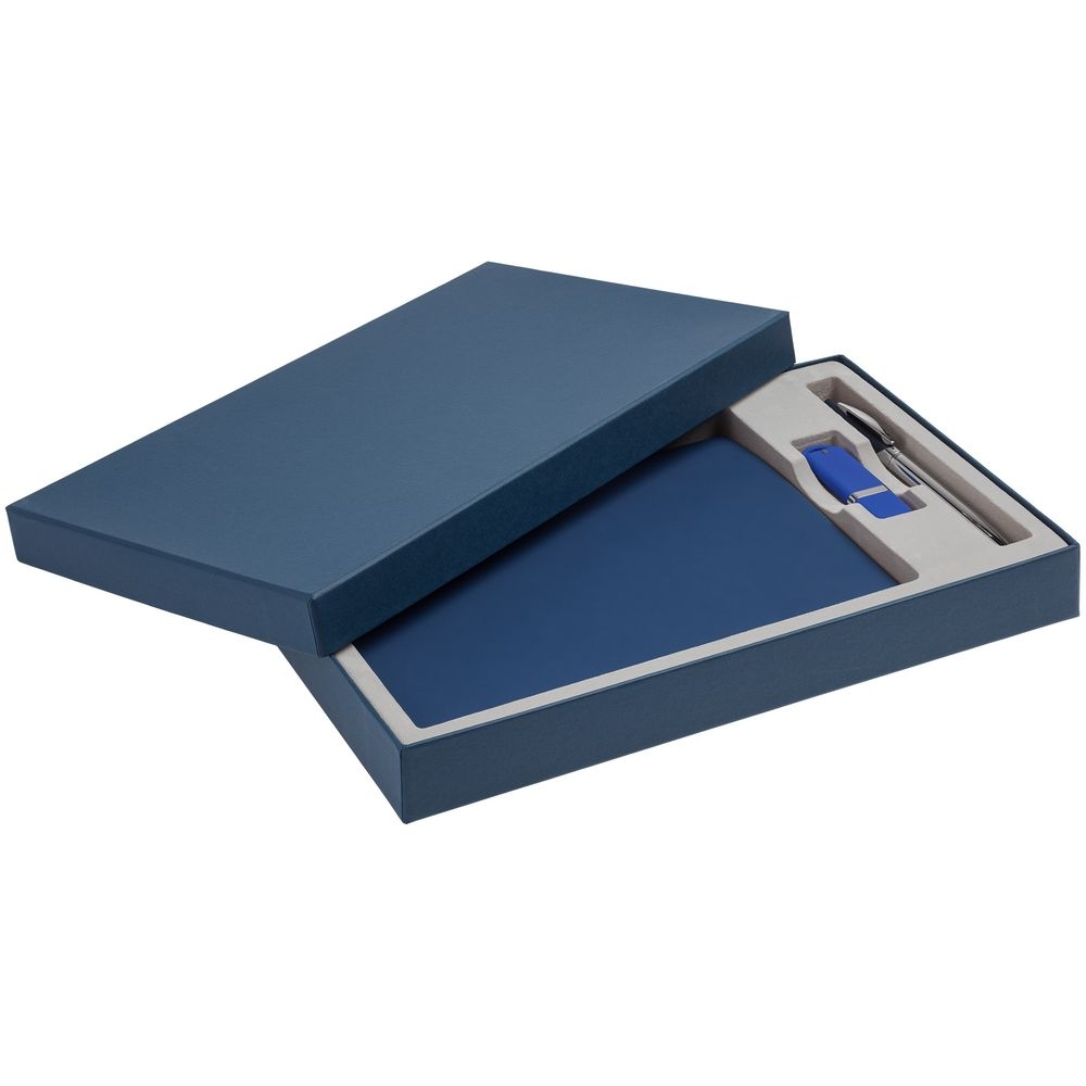 Набор Horizon, синий, синий, ежедневник - искусственная кожа; ручка - металл; флешка - пластик; покрытие софт-тач; коробка - переплетный картон