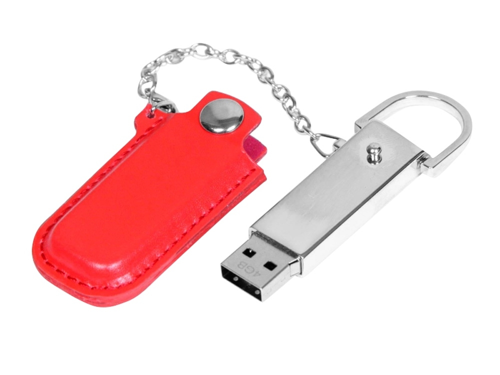 USB 2.0- флешка на 64 Гб в массивном корпусе с кожаным чехлом, красный, серебристый, кожа
