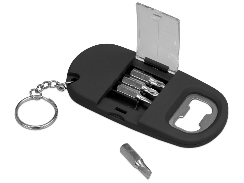 Брелок-открывалка с отвертками и фонариком «Uni» софт-тач, черный, soft touch