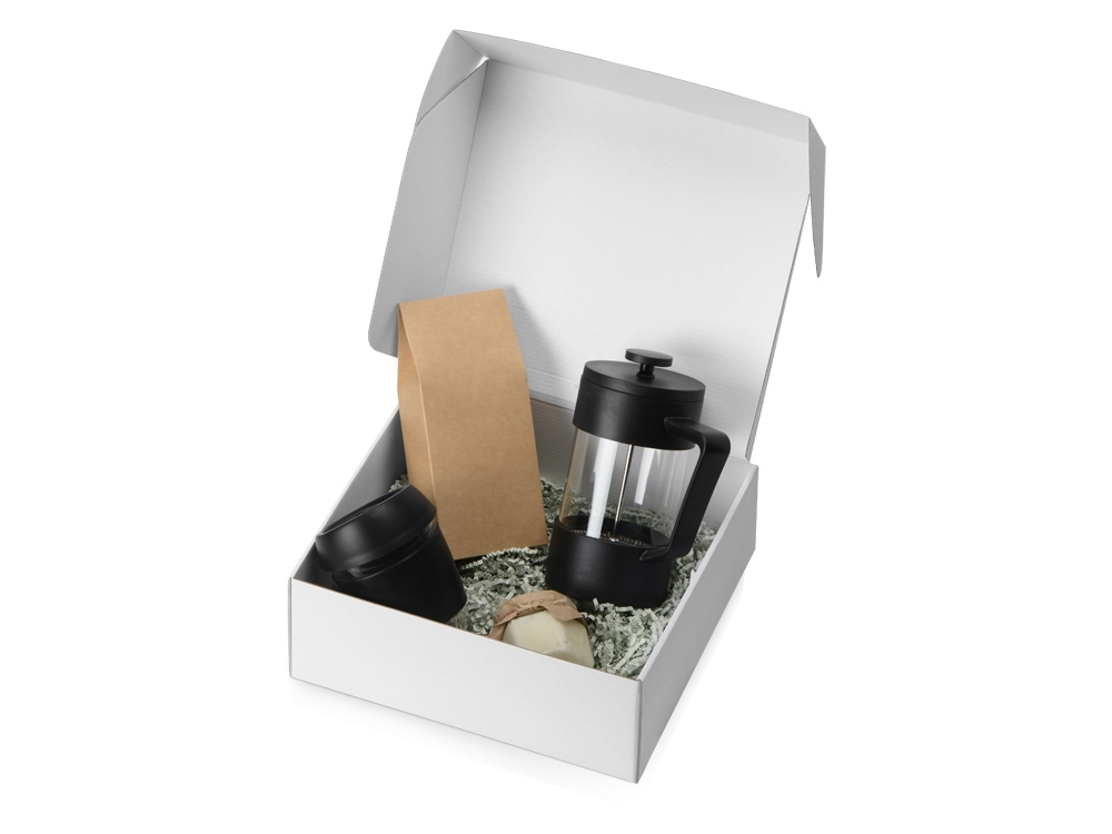 Подарочный набор «Бодрое утро», черный, серый, прозрачный, пластик, картон, бумага, стекло, силикон