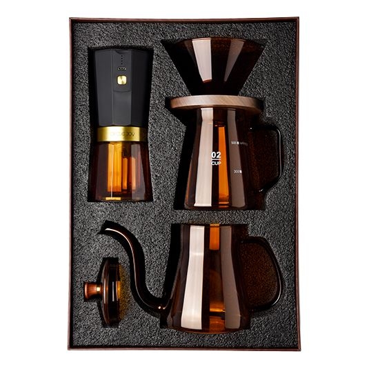 Кофейный набор Amber Coffee Maker Set, оранжевый с черным, черный, оранжевый, дерево, силикон, кофемолка - пластик, нержавеющая сталь; кофейник - боросиликатное стекло; чайник - боросиликатное стекло; стакан - боросиликатное стекло