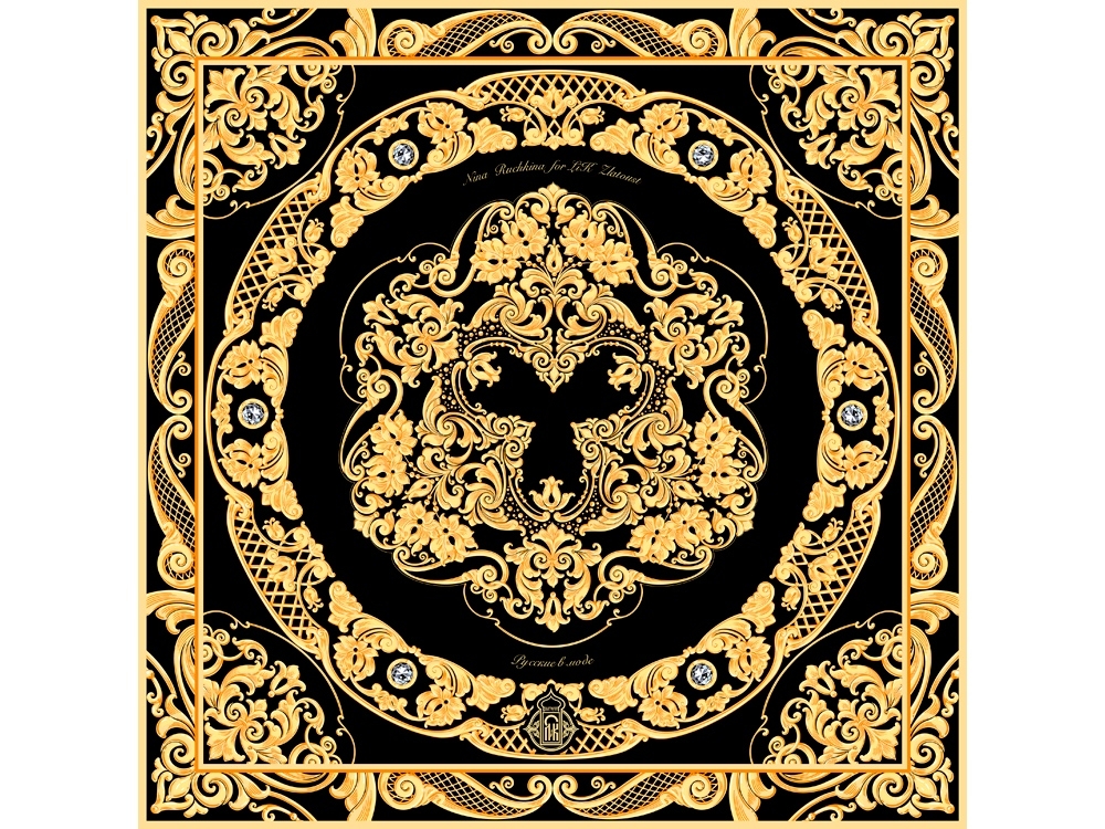 Платок «Златоустовская гравюра», черный, желтый, вискоза, шелк