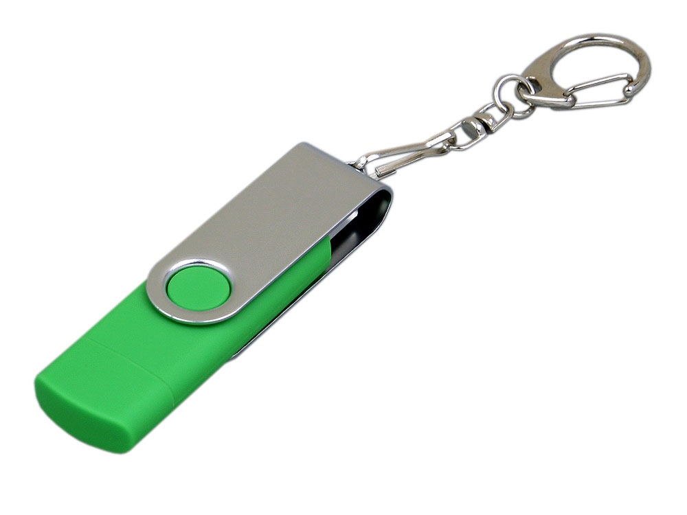 USB 2.0- флешка на 64 Гб с поворотным механизмом и дополнительным разъемом Micro USB, зеленый, серебристый, пластик, металл