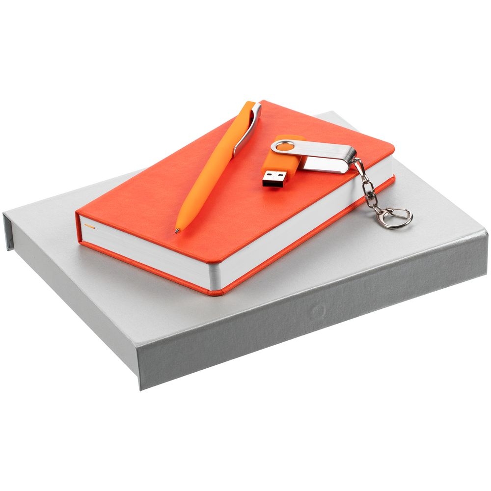 Набор Idea Memory, оранжевый, оранжевый, пластик, покрытие софт-тач , блокнот - искусственная кожа; ручка - пластик, покрытие соф-тач; флешка - металл