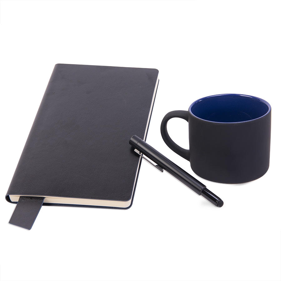 Подарочный набор DAILY COLOR: кружка, бизнес-блокнот, ручка с флешкой 4 ГБ, черный/синий, черный, синий, несколько материалов