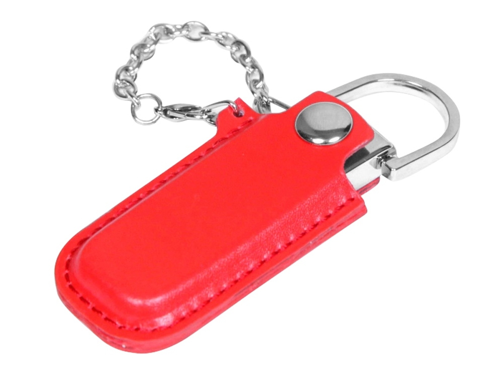 USB 2.0- флешка на 32 Гб в массивном корпусе с кожаным чехлом, красный, серебристый, кожа