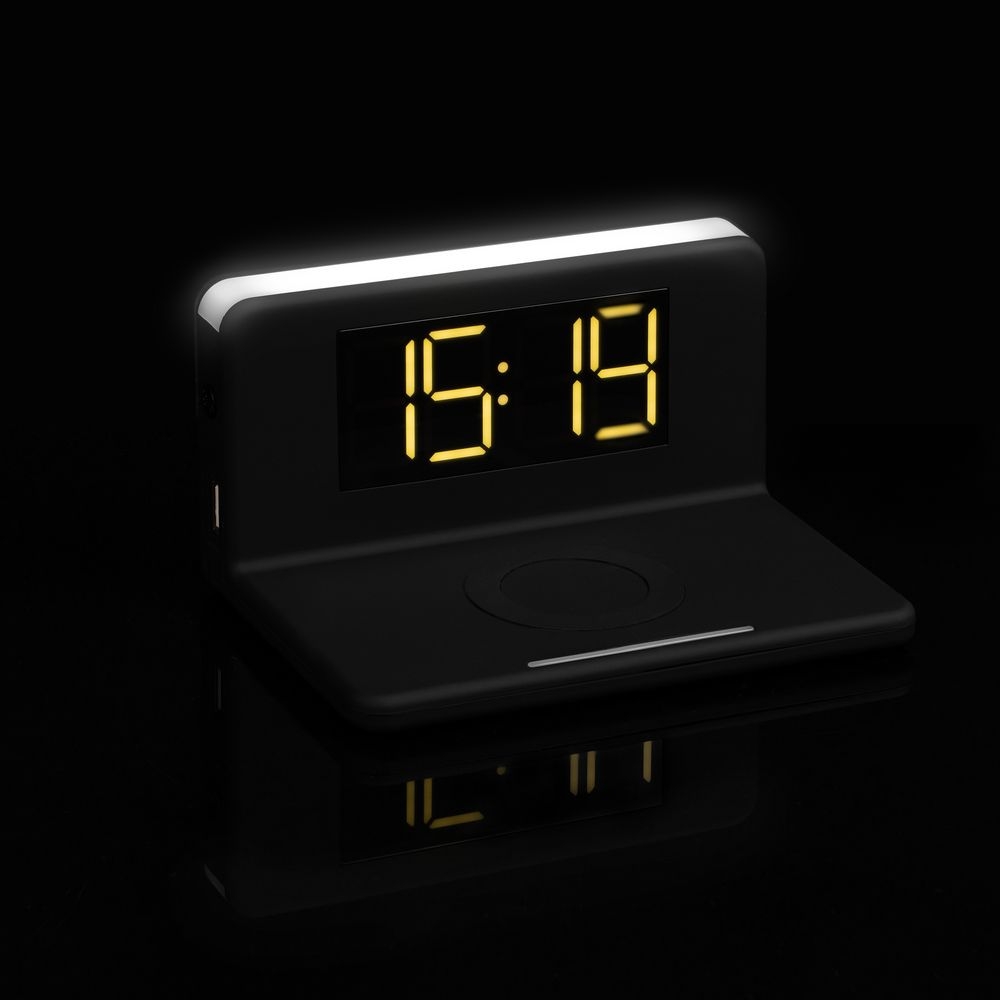 Часы настольные с беспроводным зарядным устройством Pitstop, черные, черный, пластик