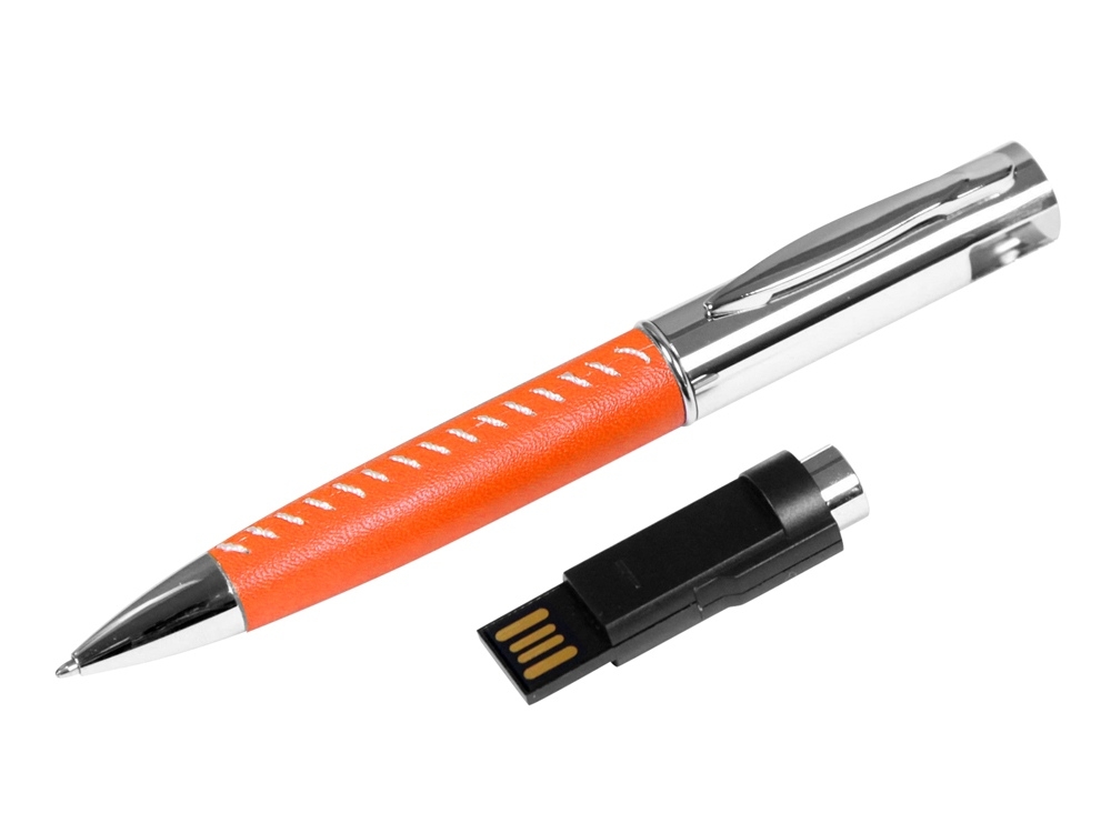 USB 2.0- флешка на 32 Гб в виде ручки с мини чипом, оранжевый, серебристый, кожзам