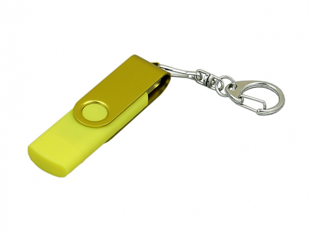 USB 2.0- флешка на 32 Гб с поворотным механизмом и дополнительным разъемом Micro USB, желтый, soft touch