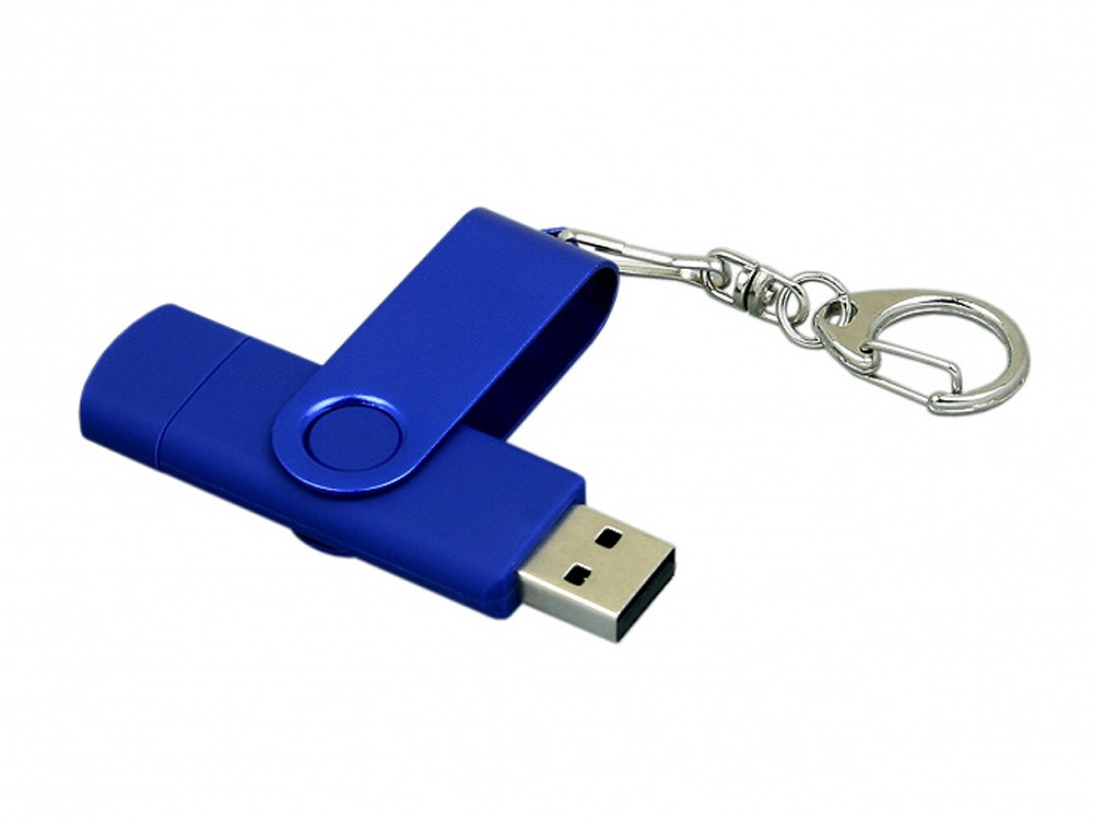USB 2.0- флешка на 16 Гб с поворотным механизмом и дополнительным разъемом Micro USB, синий, soft touch
