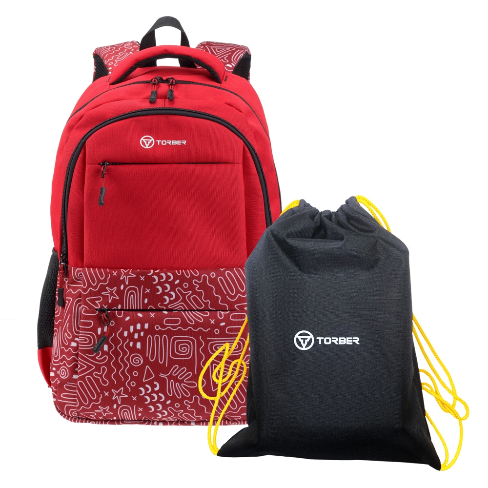Рюкзак TORBER CLASS X, красный с орнаментом, 45 x 30 x 18 см + Мешок для сменной обуви в подарок!, красный