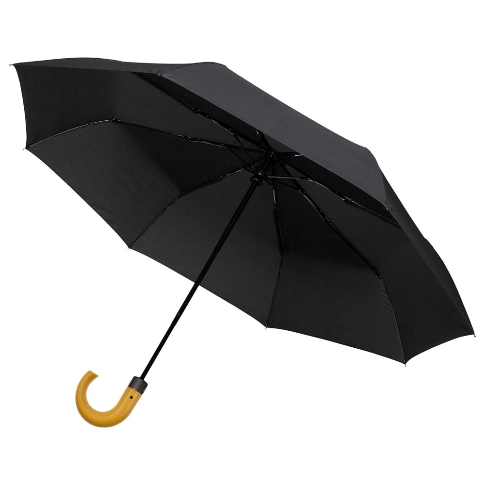 Зонт складной Classic, черный, черный, купол - эпонж, 190t; ручка - дерево; спицы - стеклопластик
