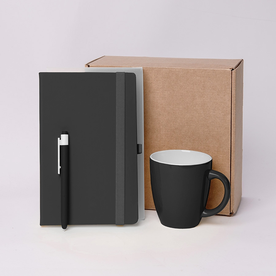 Подарочный набор JOY: блокнот, ручка, кружка, коробка, стружка; черный, черный, несколько материалов