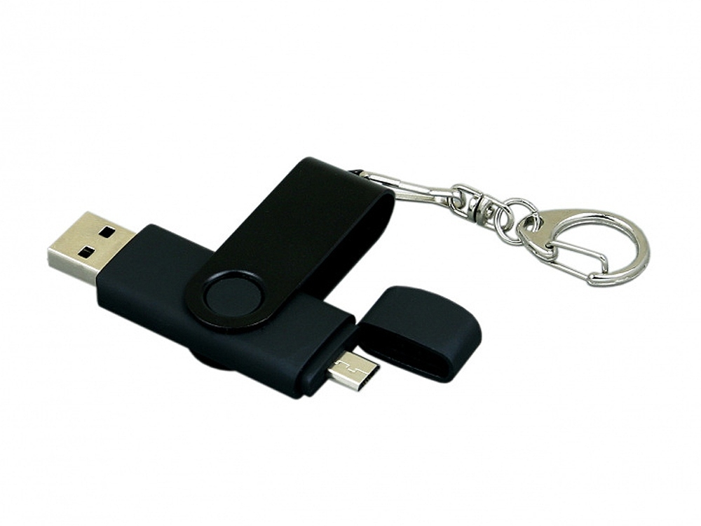 USB 2.0- флешка на 32 Гб с поворотным механизмом и дополнительным разъемом Micro USB, черный, soft touch