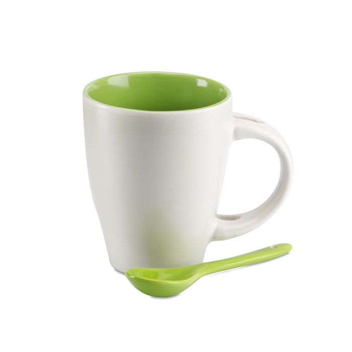 Чашка с ложкой, зеленый, керамика