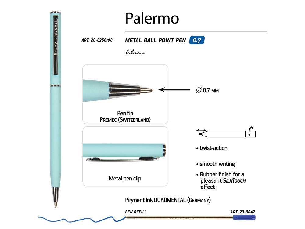 Ручка металлическая шариковая «Palermo», софт-тач, голубой, серебристый, soft touch