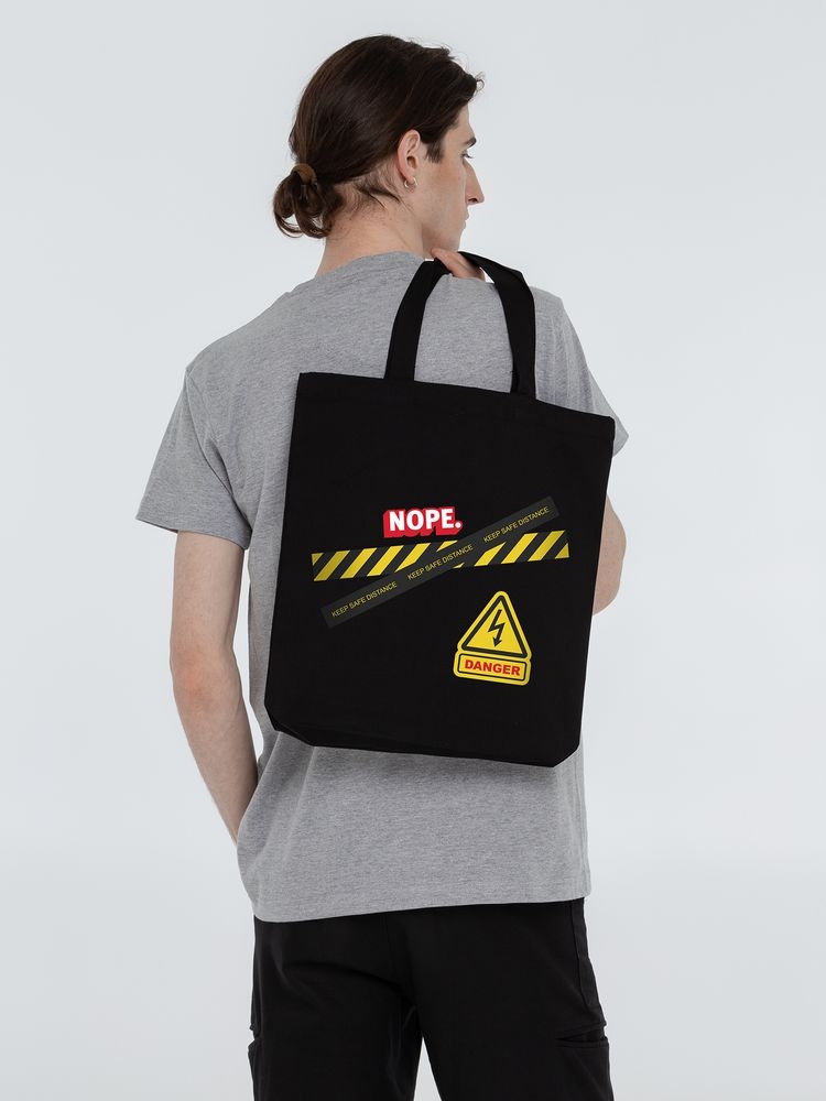 Холщовая сумка с термонаклейками Cautions, черная, черный, хлопок