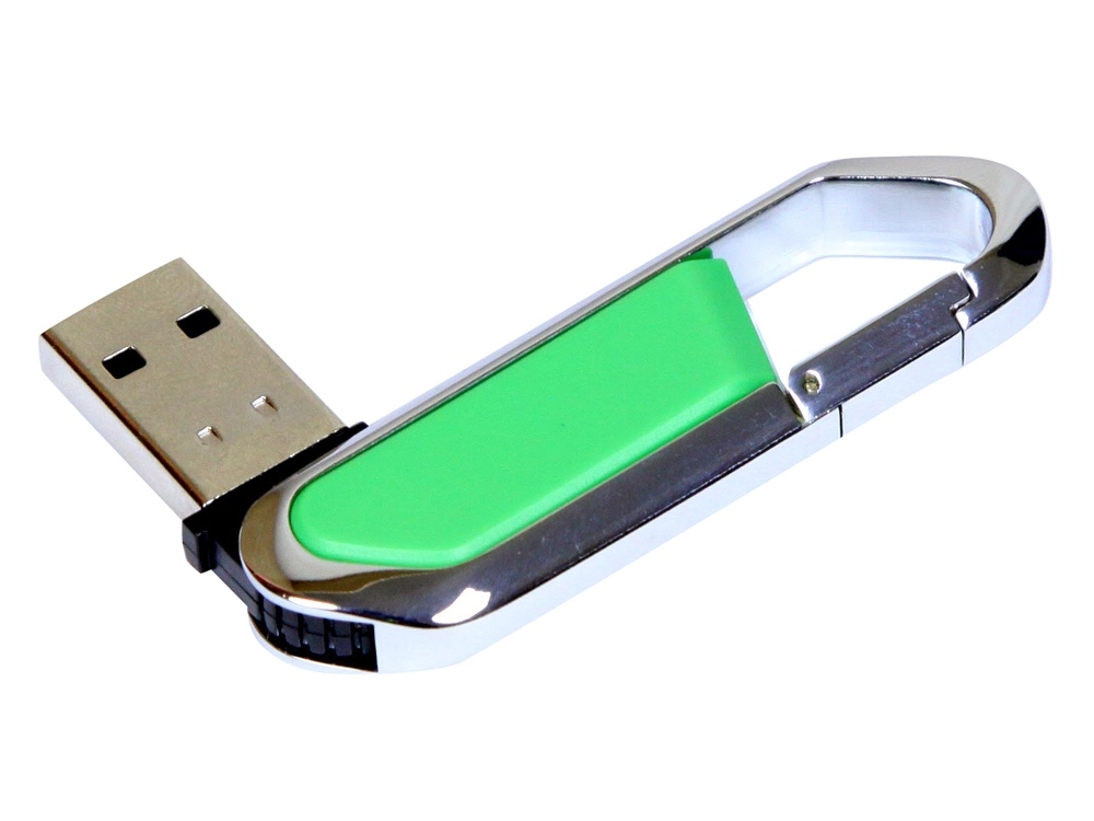 USB 2.0- флешка на 64 Гб в виде карабина, зеленый, серебристый, пластик, металл