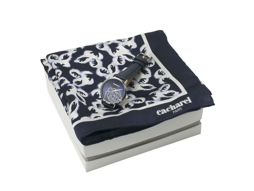 Подарочный набор: часы наручные женские, шелковый платок, синий, кожа, шелк