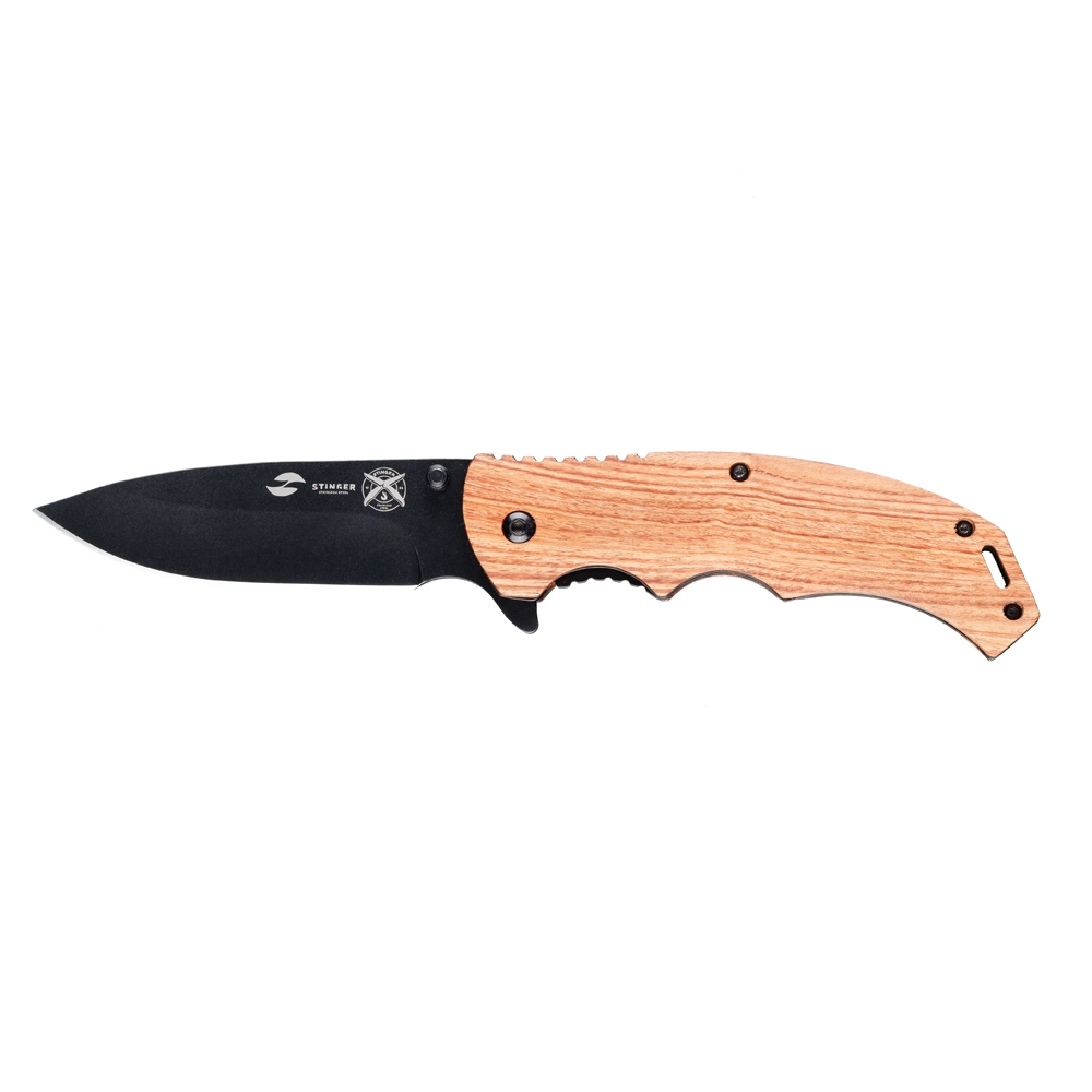 Нож складной Stinger, 120 мм, (чёрный), материал рукояти: дерево/сталь (коричневый), коричневый, нержавеющая сталь, нержавеющая сталь, дерево