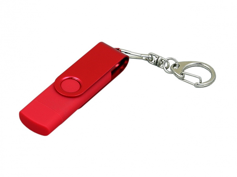 USB 2.0- флешка на 32 Гб с поворотным механизмом и дополнительным разъемом Micro USB, красный, soft touch