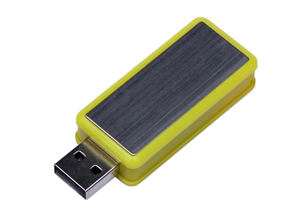 USB 2.0- флешка промо на 16 Гб прямоугольной формы, выдвижной механизм, желтый, пластик