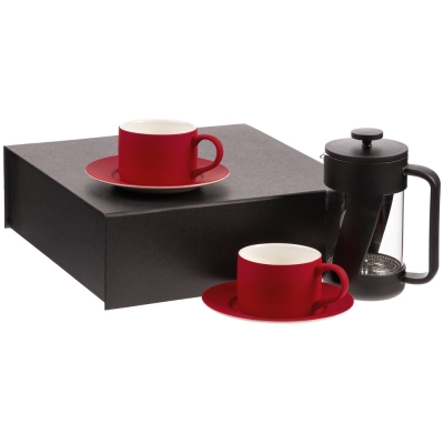 Набор для чая на 2 персоны Best Morning, красный, красный, пластик, нержавеющая сталь; коробка - переплетный картон, покрытие софт-тач; чайная пара - фарфор; френч-пресс - боросиликатное стекло