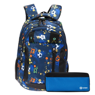 Рюкзак TORBER CLASS X, черно-синий с рисунком "Мячики", полиэстер, 45 x 32 x 16 см + Пенал в подарок, разноцветный