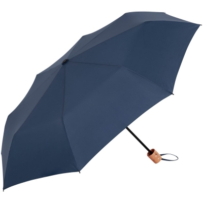 Зонт складной OkoBrella, темно-синий, синий, купол - эпонж, из переработанного пластика; ручка - дерево; каркас - сталь